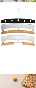 Macro detail of stainless steel pizza mezzaluna blades with protective black sheaths