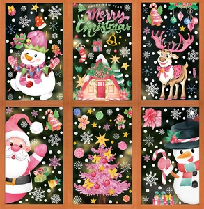 Close-up of Christmas window stickers with Santa, snowman and deer on glass pane