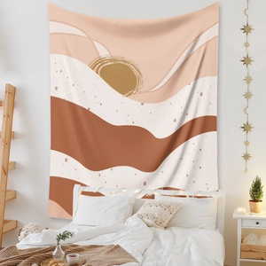 Detail of bohemian tapestry featuring abstract desert sun landscape as bedroom wall decor