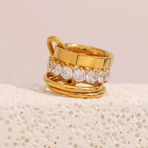 Multi-Layer Wide Band Ring Stainless Steel 18K Gold Plated Cubic Zirconia Exaggerated Retro Fashion Jewelry For Women