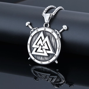 Vintage Viking dual sword and shield pendant necklace in retro silver stainless steel