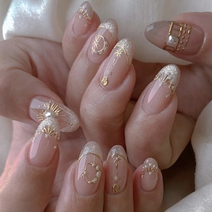 Nude Roze Amandel Press On Nagels Met Goud Zon Maan Patronen Parel Strass Frans Sterrenhemel Minimalistische Fake Nails Voor Vrouwen