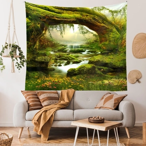 Close-up of a high-quality forest tapestry featuring a mossy tree arch and a clear stream