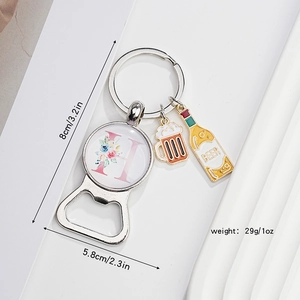 Detail view of beer bottle opener keychain with letter H pendant and dimensions data