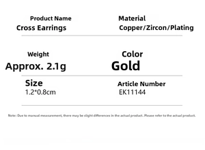 Detail showing dimensions and material specs for gold cross earrings with zircon stones