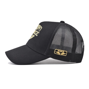 Black cotton mesh baseball cap with yellow Force and New York embroidery on a white background