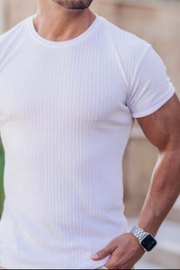 Close-up of white slim fit men's T-shirt in vertical ribbed knit texture