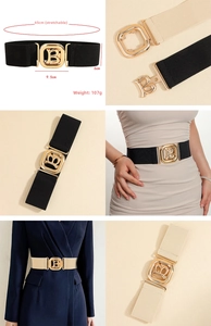 Detail view of elastic waist belt with gold B-buckle in black and beige colors