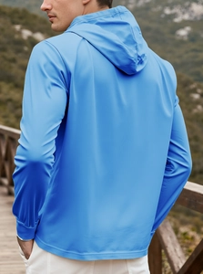 Men's sky blue hooded sweatshirt with a side-back view on an outdoor trail