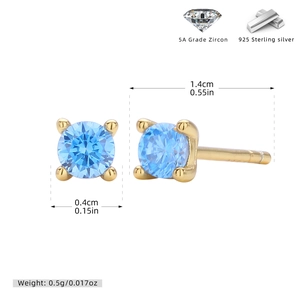 Detailed view of 925 silver stud earrings featuring light blue round 5A zircons
