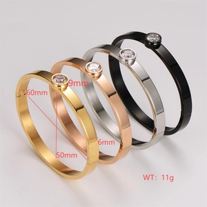 Polished stainless steel bracelets with single zircon stone and detailed dimensions