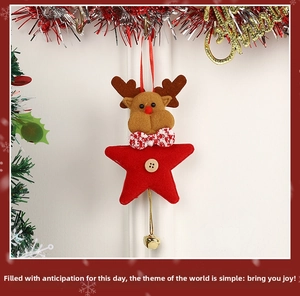 Detail of felt Christmas reindeer star ornament with wooden button and metal bell