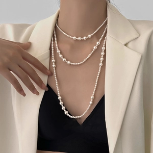 Elegant Multilayer Long Artificial Pearl Necklace Vintage French Style Sweater Chain Women White Jewelry Gift