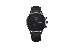 Detail of Yolako men's black quartz watch featuring dual sub-dials and matte leather strap