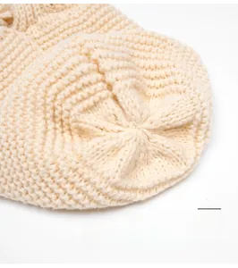 Detailed macro view of high-quality chunky knit beanie top with durable stitching