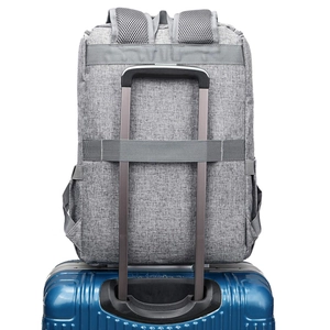 Detail of grey laptop backpack with luggage strap and breathable mesh shoulder straps