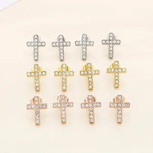 Stainless Steel Cross Stud Earrings Rhinestone Pave Fashion Religious Jewelry For Women