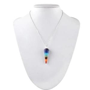 Seven chakra natural crystal cone pendant necklace with layered energy stones on a neck model