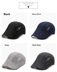 Breathable mesh panels detail on quick-dry flat caps in black, navy, grey, and dark grey