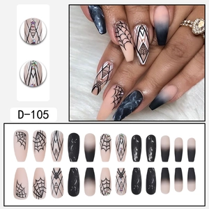 Halloween spider web press on nails D-105 with long coffin shape and rhinestone details