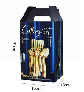 24-piece golden stainless steel cutlery set in a premium blue gift box, 31x15x13cm size