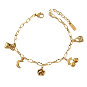 Gold stainless steel bracelet with fruit, moon, and heart charms on a white background