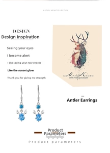 Detailed view of silver S999 reindeer antlers earrings with blue teardrop gemstones