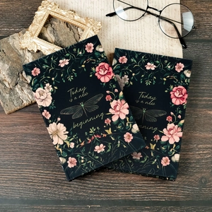 A5 floral hardcover journal set with dark rose pattern on vintage wooden background