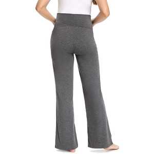 Back view of high waist loose maternity pants in dark grey stretchy knit fabric