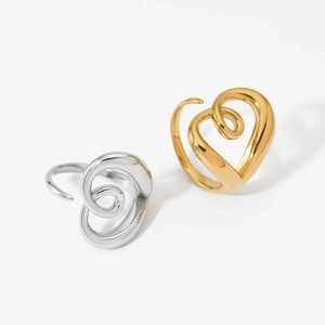 Minimalist twisted hollow heart open ring in polished gold and silver metal finishes