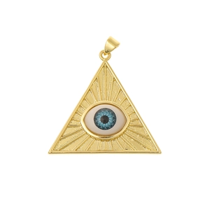 Gold triangle pendant with blue evil eye zircon inlay on professional white background