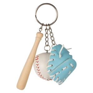 Mini baseball keychain set with wooden bat, white ball, and light blue glove on ring