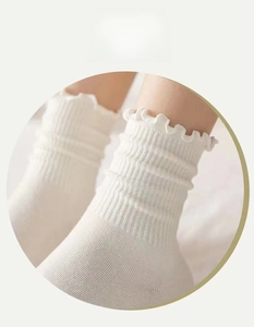 Nahaufnahme weißer Socken aus Baumwolle mit elastischem Rüschenrand und feiner Rippenstruktur
