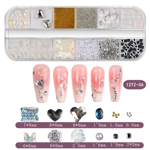 Detailed set of 12-grid nail art rhinestones with 3D butterflies and metal studs