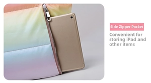 Side zipper pocket of rainbow gym bag showing storage space for a tablet device