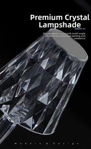 Close-up of diamond-cut crystal lampshade with elegant light refraction on black background