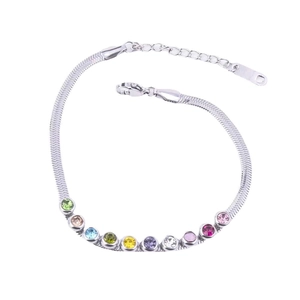 Silver stainless steel snake chain bracelet with vibrant colorful crystal beads