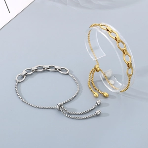 Fashionable stainless steel hexagon link bracelet for women with adjustable drawcord