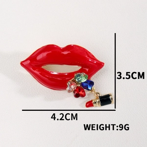 Red lips crystal brooch with sparkling rhinestone heart and lipstick pendant charms