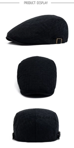 Three views of a black men's flat cap showing fabric texture and metal side buckles