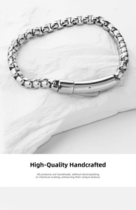 Detail of handmade stainless steel box chain bracelet with industrial plug-in clasp