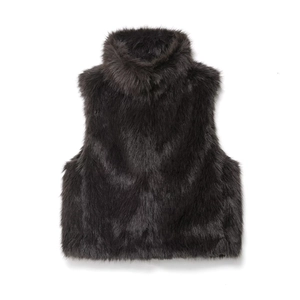 Women's faux fur vest with stand collar in dark brown faux fur texture on white background