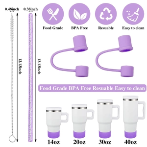 Purple glitter straw set with silicone boots and cleaning brush for various tumblers