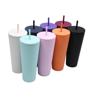 Minimalist double-layer large plastic straw cups in nine assorted colors for daily hydration
