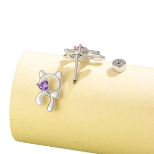 Sweet silver cat stud earrings with purple heart crystals in titanium steel, front and back