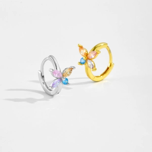 Detailed close-up of butterfly hoops with colorful marquise-shaped cubic zirconia stones
