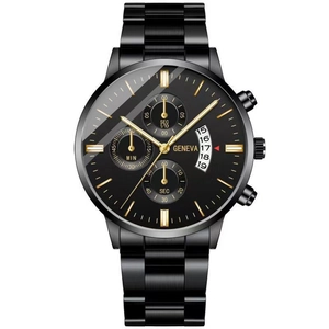 Macro view of black stainless steel watch dial with gold markers and chronograph sub-dials