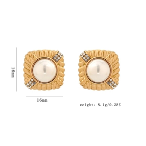 Square gold earrings with white pearl and rhinestones, size 16mm, weight 8.1g