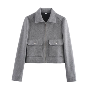 Veste courte en tweed gris clair pour femme avec fermeture éclair et deux poches