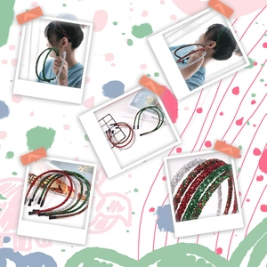 Detail showing glitter Christmas headbands in red, green, and silver holiday colors